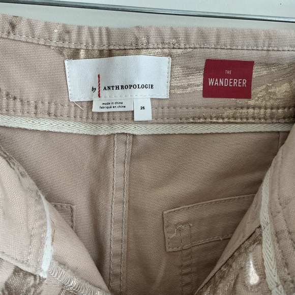 Anthropologie The Wanderer Gold Foil Print Pants Beige High Rise Straight Leg 26 - Picture 4 of 7